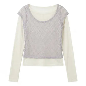 Lori See-through Lace Layered Unique Boat Neck Two-way Short Sleeve Long Sleeve Spring T-shirt