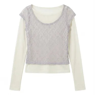 Lori See-through Lace Layered Unique Boat Neck Two-way Short Sleeve Long Sleeve Spring T-shirt