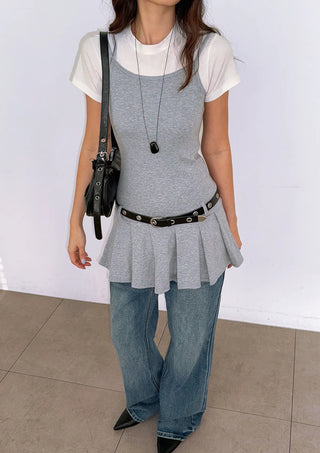Tory Pleated Sleeveless Belted Bustier Mini Stretch Made in Korea All-Season Strappy Sleeveless A-Line Flare  Dress