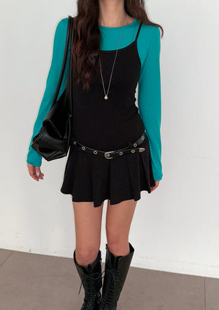 Tory Pleated Sleeveless Belted Bustier Mini Stretch Made in Korea All-Season Strappy Sleeveless A-Line Flare  Dress