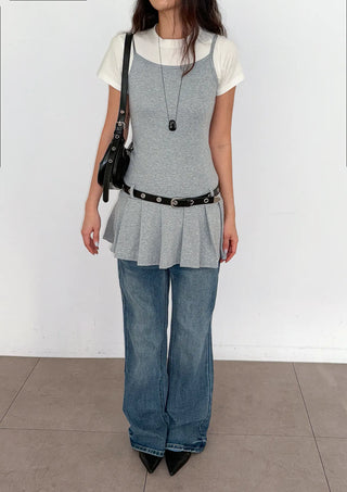 Tory Pleated Sleeveless Belted Bustier Mini Stretch Made in Korea All-Season Strappy Sleeveless A-Line Flare  Dress