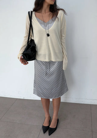 Sailor Dot Silk Satin H-Line Midi Korean Satin Skirt