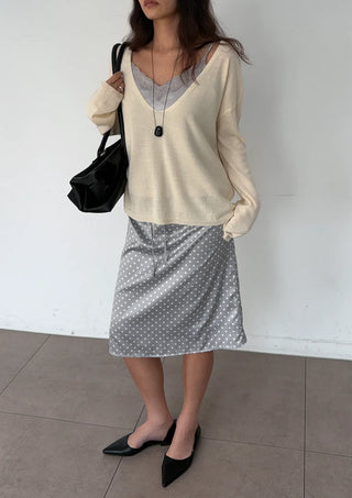 Sailor Dot Silk Satin H-Line Midi Korean Satin Skirt