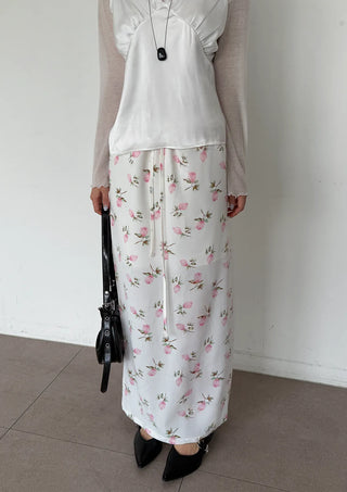 Pring Flower H-line Long Chiffon Silk Satin Plus Size Satin SpringSummer Skirt