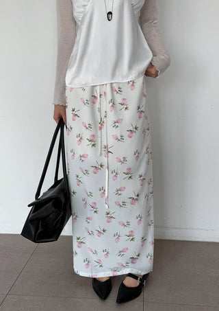 Pring Flower H-line Long Chiffon Silk Satin Plus Size Satin SpringSummer Skirt