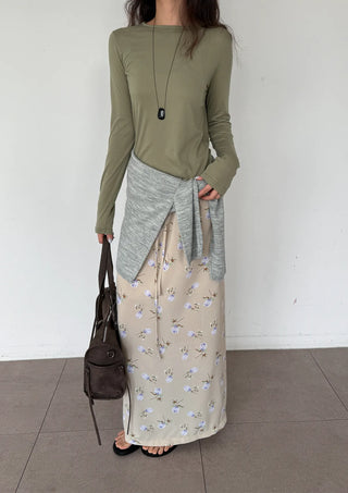 Pring Flower H-line Long Chiffon Silk Satin Plus Size Satin SpringSummer Skirt