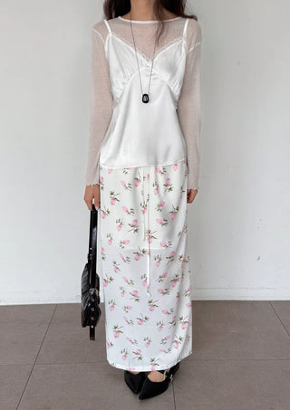Pring Flower H-line Long Chiffon Silk Satin Plus Size Satin SpringSummer Skirt