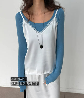 Milk Satin Silk Lingerie Lace Strappy Sleeveless Made-in-Korea Layered Sleeveless  Silky All-Season Sleeveless V-Neck Blouse
