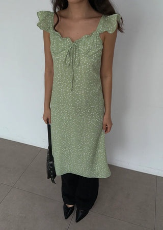 Raw Flower Pattern Chiffon Layered Long Sleeveless Short Sleeve Two-Way Flare  A-Line Long Dress