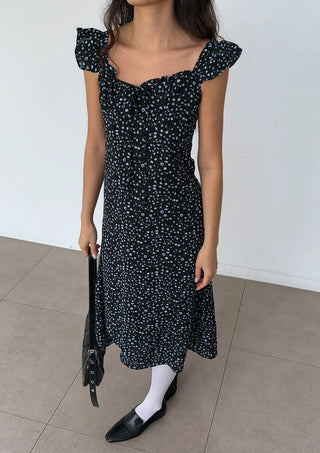 Raw Flower Pattern Chiffon Layered Long Sleeveless Short Sleeve Two-Way Flare  A-Line Long Dress