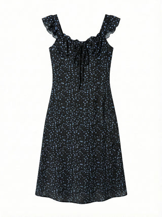 Raw Flower Pattern Chiffon Layered Long Sleeveless Short Sleeve Two-Way Flare  A-Line Long Dress