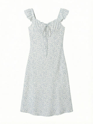 Raw Flower Pattern Chiffon Layered Long Sleeveless Short Sleeve Two-Way Flare  A-Line Long Dress