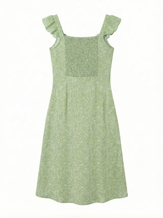 Raw Flower Pattern Chiffon Layered Long Sleeveless Short Sleeve Two-Way Flare  A-Line Long Dress
