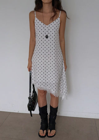 Lace Diagonal Dot Silk V-Neck Petticoat Diagonal Polka Dot Strap Sleeveless Bustier Slip Summer  Layered Dress