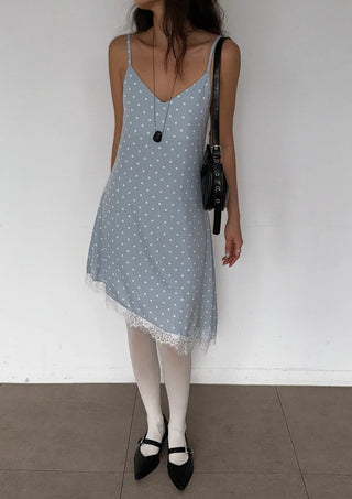 Lace Diagonal Dot Silk V-Neck Petticoat Diagonal Polka Dot Strap Sleeveless Bustier Slip Summer  Layered Dress