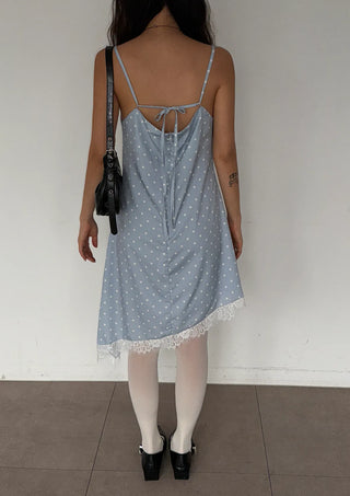 Lace Diagonal Dot Silk V-Neck Petticoat Diagonal Polka Dot Strap Sleeveless Bustier Slip Summer  Layered Dress