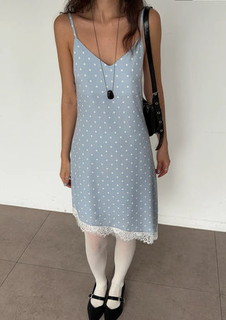 Lace Diagonal Dot Silk V-Neck Petticoat Diagonal Polka Dot Strap Sleeveless Bustier Slip Summer  Layered Dress