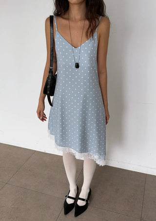 Lace Diagonal Dot Silk V-Neck Petticoat Diagonal Polka Dot Strap Sleeveless Bustier Slip Summer  Layered Dress