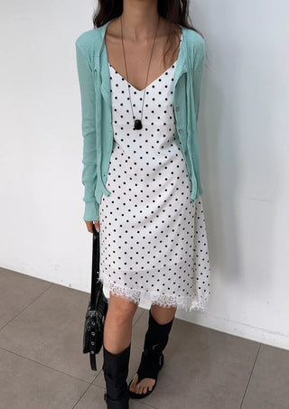 Lace Diagonal Dot Silk V-Neck Petticoat Diagonal Polka Dot Strap Sleeveless Bustier Slip Summer  Layered Dress