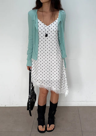 Lace Diagonal Dot Silk V-Neck Petticoat Diagonal Polka Dot Strap Sleeveless Bustier Slip Summer  Layered Dress
