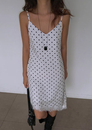 Lace Diagonal Dot Silk V-Neck Petticoat Diagonal Polka Dot Strap Sleeveless Bustier Slip Summer  Layered Dress