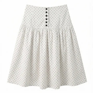 Bonnie Dot Flare A-Line Flare Polka Dot Shirred Button Midi Skirt