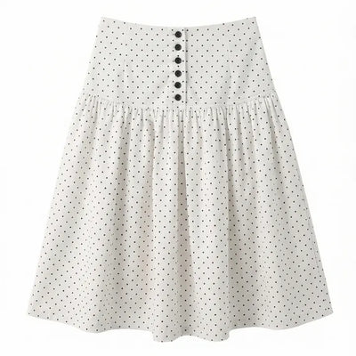 Bonnie Dot Flare A-Line Flare Polka Dot Shirred Button Midi Skirt