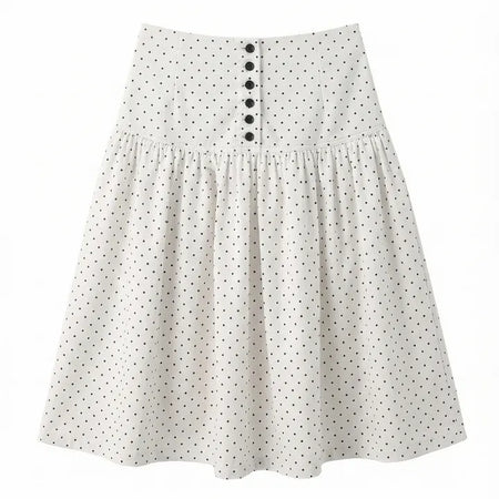 Bonnie Dot Flare A-Line Flare Polka Dot Shirred Button Midi Skirt