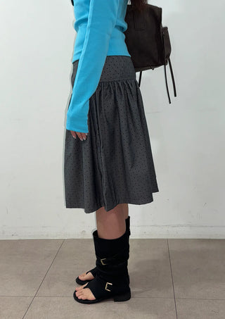 Bonnie Dot Flare A-Line Flare Polka Dot Shirred Button Midi Skirt