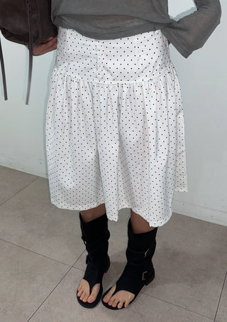 Bonnie Dot Flare A-Line Flare Polka Dot Shirred Button Midi Skirt