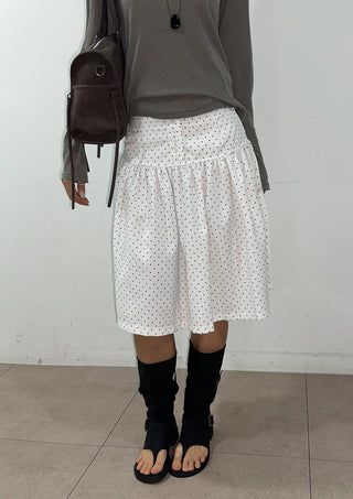 Bonnie Dot Flare A-Line Flare Polka Dot Shirred Button Midi Skirt