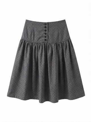 Bonnie Dot Flare A-Line Flare Polka Dot Shirred Button Midi Skirt