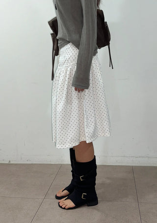 Bonnie Dot Flare A-Line Flare Polka Dot Shirred Button Midi Skirt