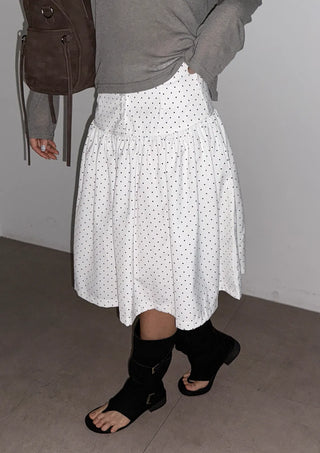 Bonnie Dot Flare A-Line Flare Polka Dot Shirred Button Midi Skirt