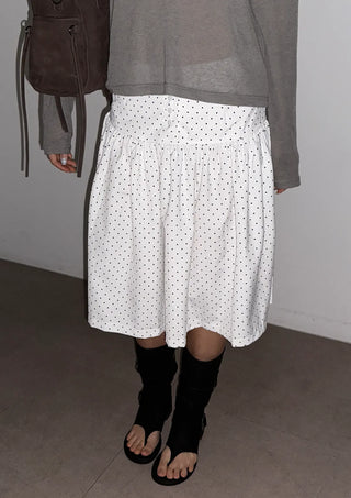 Bonnie Dot Flare A-Line Flare Polka Dot Shirred Button Midi Skirt