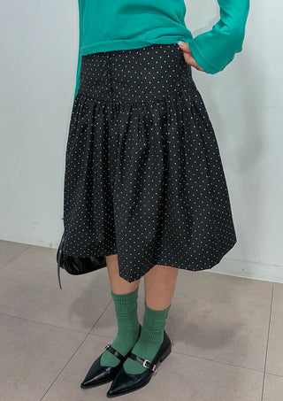 Bonnie Dot Flare A-Line Flare Polka Dot Shirred Button Midi Skirt