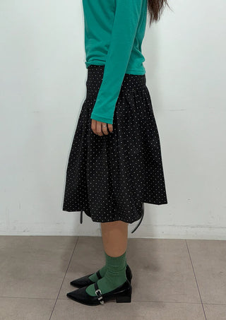 Bonnie Dot Flare A-Line Flare Polka Dot Shirred Button Midi Skirt