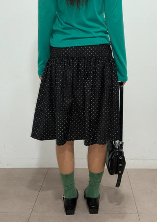 Bonnie Dot Flare A-Line Flare Polka Dot Shirred Button Midi Skirt
