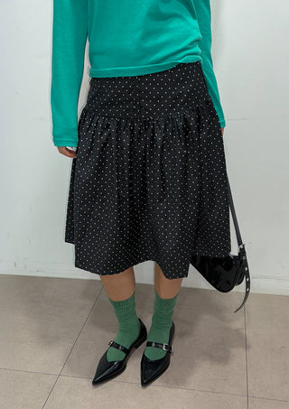 Bonnie Dot Flare A-Line Flare Polka Dot Shirred Button Midi Skirt