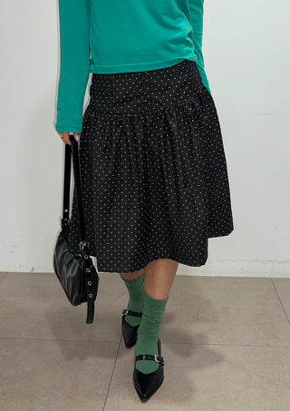 Bonnie Dot Flare A-Line Flare Polka Dot Shirred Button Midi Skirt