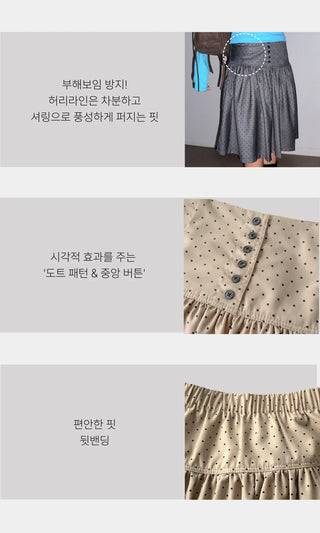 Bonnie Dot Flare A-Line Flare Polka Dot Shirred Button Midi Skirt