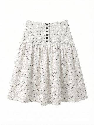 Bonnie Dot Flare A-Line Flare Polka Dot Shirred Button Midi Skirt