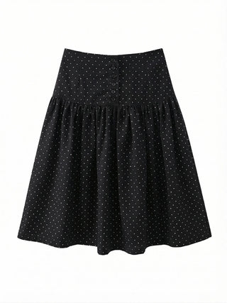Bonnie Dot Flare A-Line Flare Polka Dot Shirred Button Midi Skirt