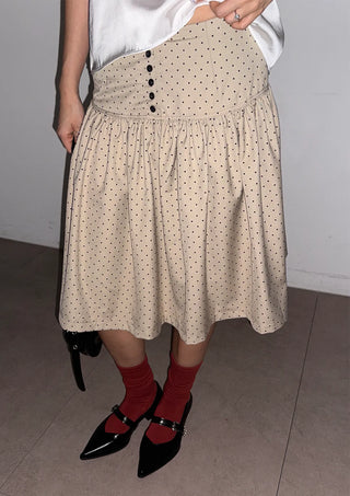 Bonnie Dot Flare A-Line Flare Polka Dot Shirred Button Midi Skirt