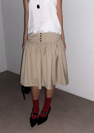 Bonnie Dot Flare A-Line Flare Polka Dot Shirred Button Midi Skirt
