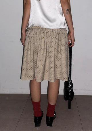 Bonnie Dot Flare A-Line Flare Polka Dot Shirred Button Midi Skirt