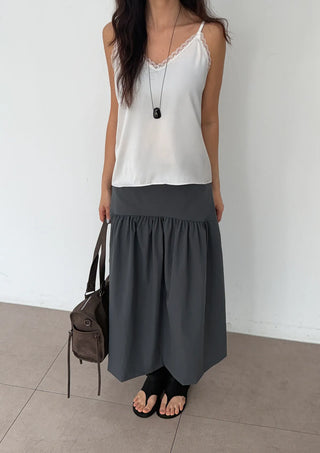 Andy Shirred Flare A-Line Body Shape Correction Long Cotton Skirt for Slim Waist and Wide Waist