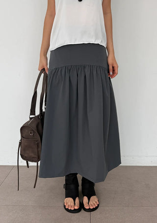 Andy Shirred Flare A-Line Body Shape Correction Long Cotton Skirt for Slim Waist and Wide Waist