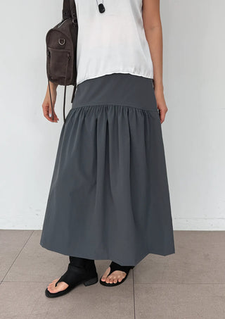 Andy Shirred Flare A-Line Body Shape Correction Long Cotton Skirt for Slim Waist and Wide Waist