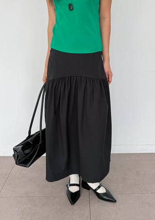 Andy Shirred Flare A-Line Body Shape Correction Long Cotton Skirt for Slim Waist and Wide Waist